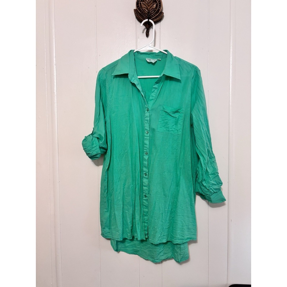Free‎ Destinations Women's Medium Long Sleeve Button-up 100% Cotton Tunic Green